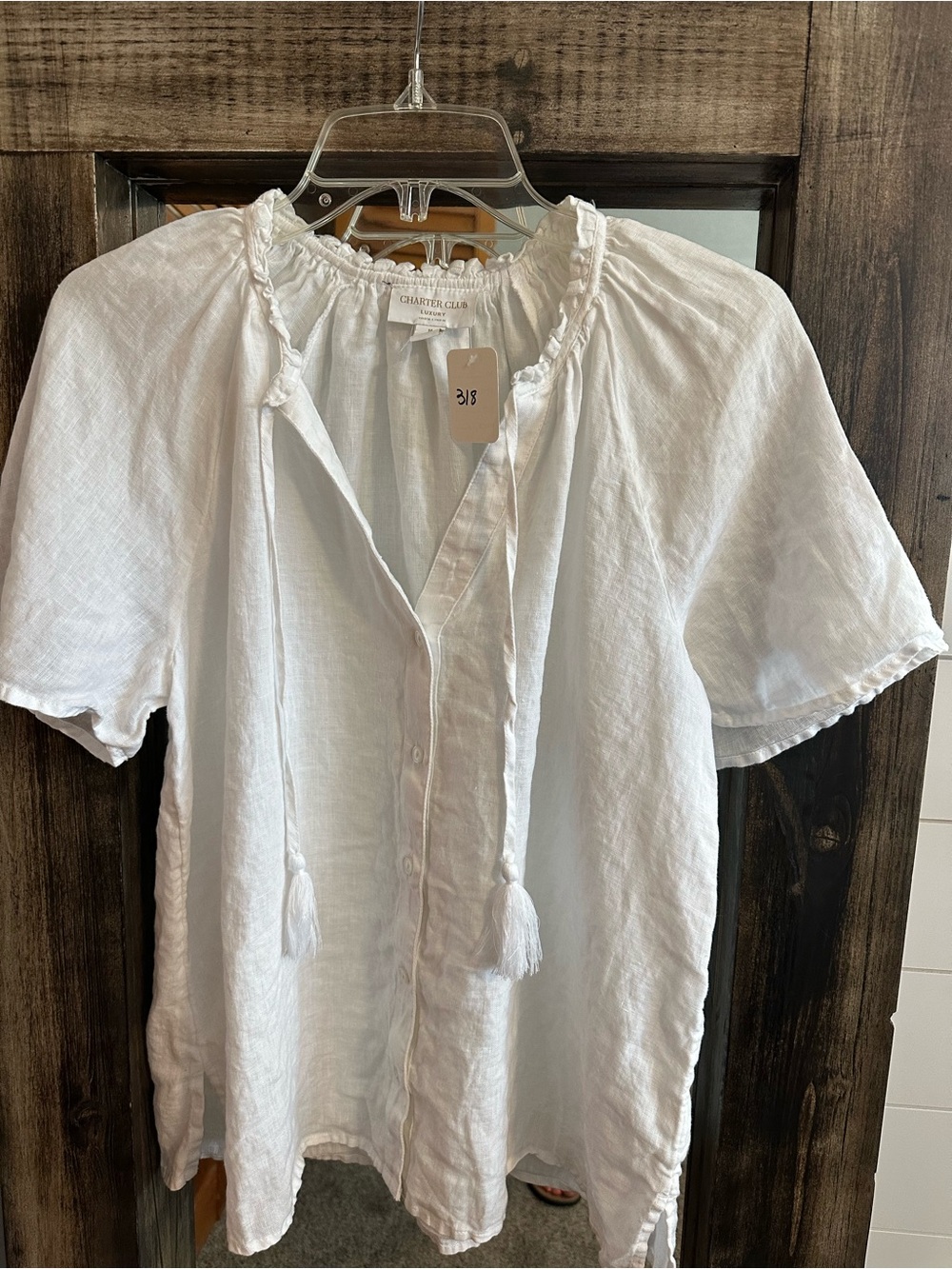 Charter Club Luxury Women’s M 100% Linen White Ruffle Tassel Blouse Top